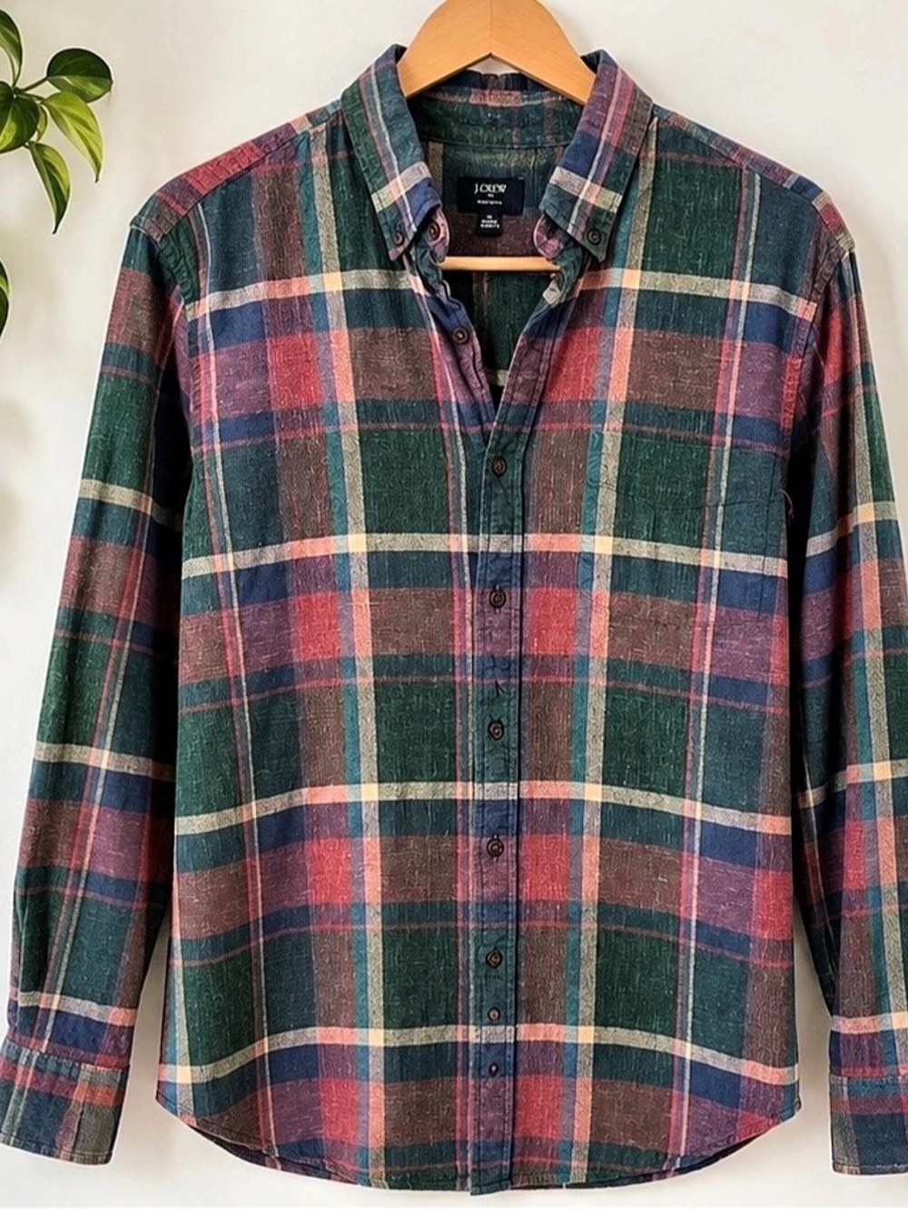 J.Crew Homespun Plaid Button Down Shirt Men’s Medium Green Burgundy Navy